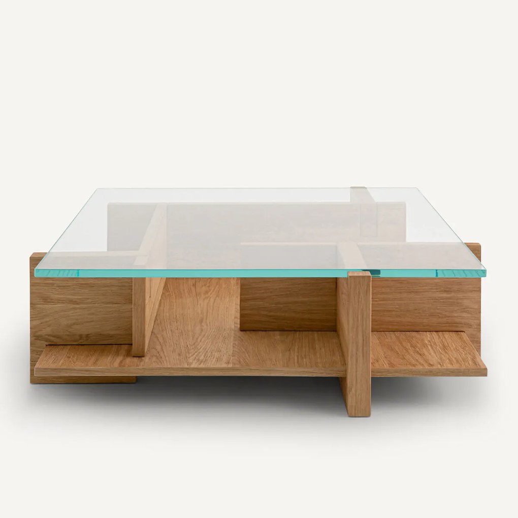 Salontafel, zandkleurig eikenfineer, gehard glas, Laby