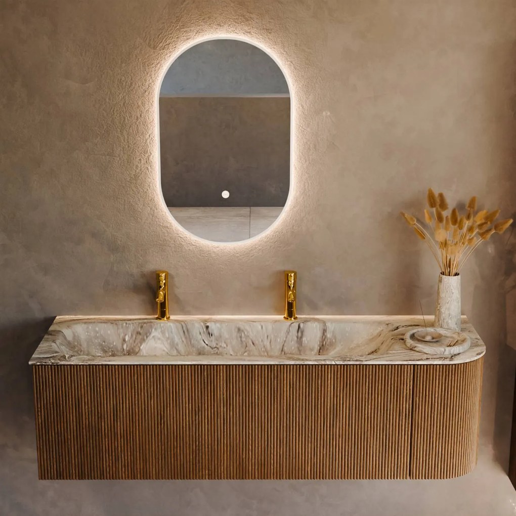 Mondiaz Kurve-dlux 145cm badmeubel ronding rechts dusk met 1 lade en deur en wastafel big large links 2 kraangaten glace