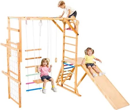 VEVOR Indoor Speeltuin Klimrek (8-in-1) gemaakt van hout, draagvermogen 100 kg. Montessori klimspeelgoedset met schommels/klimrek/glijbanen/houten ladder/touwladder/klimnet/paal.