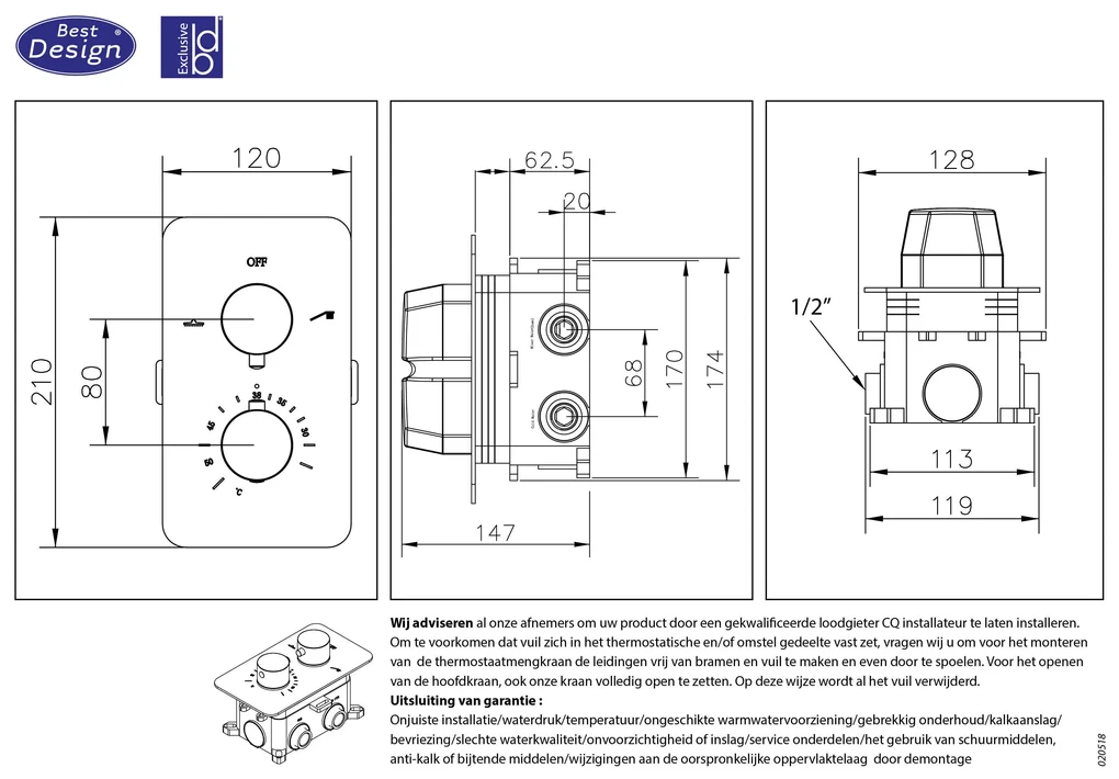 Best Design White 2-weg inbouw douchethermostaat met inbouwbox wit
