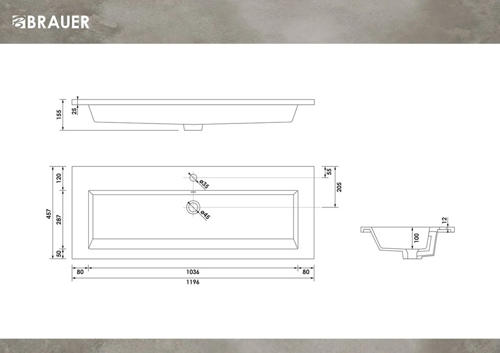 Brauer Solar Slim wastafel mineraalmarmer 120cm met 1 kraangat wit glans