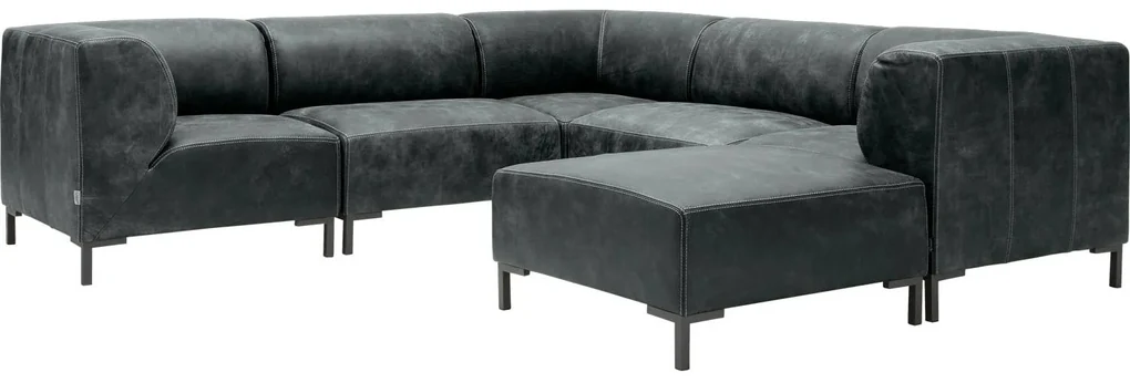 Goossens Excellent Hoekbank Marshall Met Hocker zwart, leer, 2 x 1,5-zits, urban industrieel