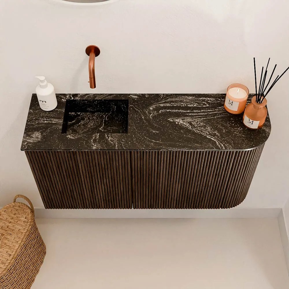 Mondiaz Joya DLux 80cm toiletmeubel ronding rechts walnut met wastafel faye links zonder kraangat lava