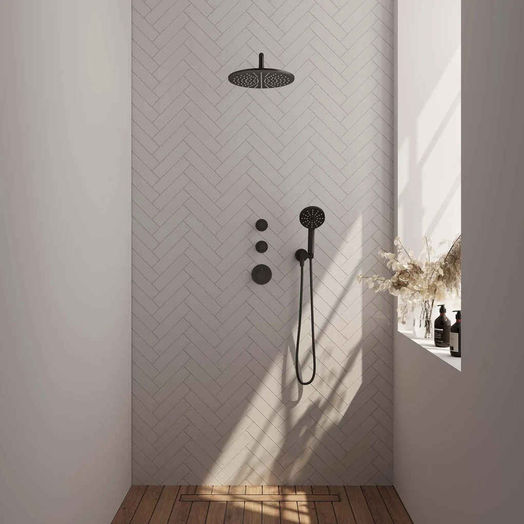 Brauer Black Carving complete inbouw regendouche set 10 met 30cm douchekop, gebogen muurarm en 3 standen handdouche mat zwart
