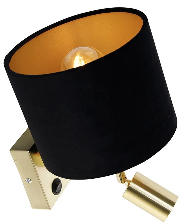 Wandlamp messing met leeslamp en kap 18 cm zwart - Brescia