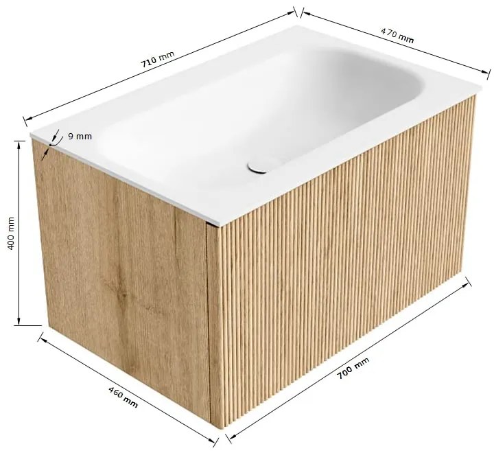 Mondiaz Kurve 70cm badmeubel shadow met 1 lade en wastafel big small midden zonder kraangat