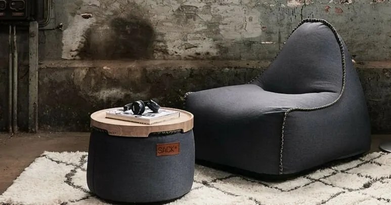 Canvas Lounge Chair & Pouf - Zwart