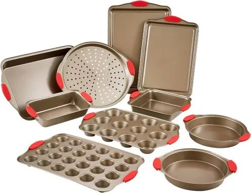 VEVOR Bakset 10-delige antiaanbaklaag van koolstofstaal, kookplaten en -schalen, baksets voor keukenoven met siliconen handgrepen, voor koekjes, cakes, muffins, brood, goudbruin
