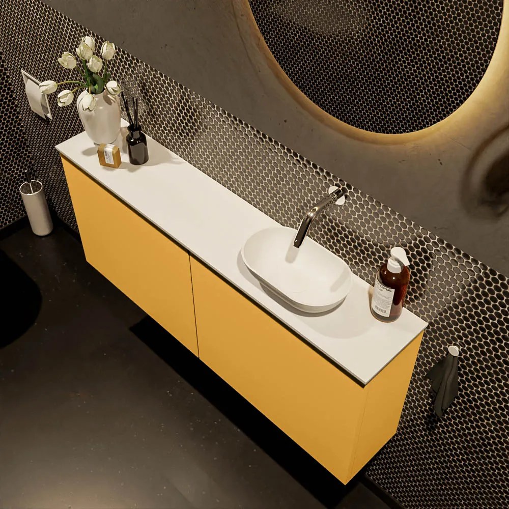 Mondiaz Fowy toiletmeubel 120cm ocher met witte waskom rechts zonder kraangat