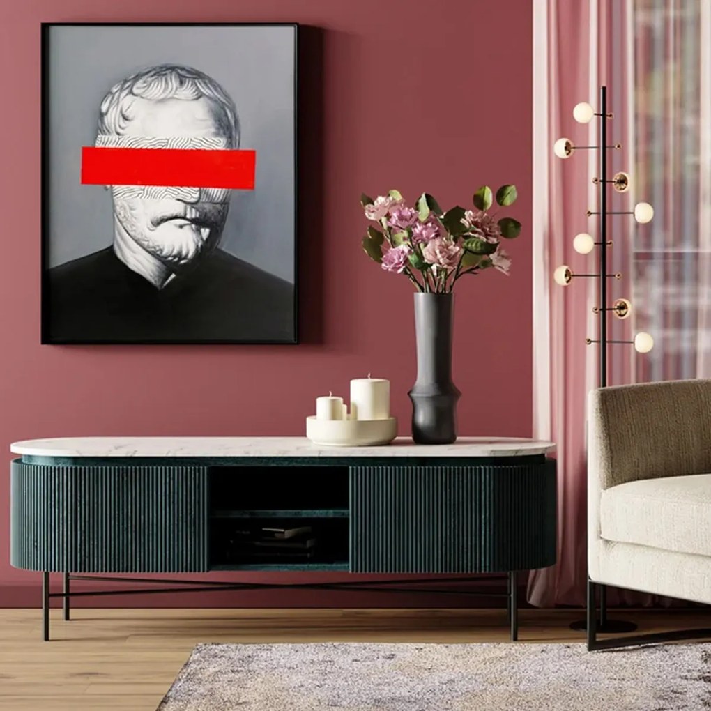Ovaal Tv-meubel Zwart Met Wit Marmer - 150x40x54cm.