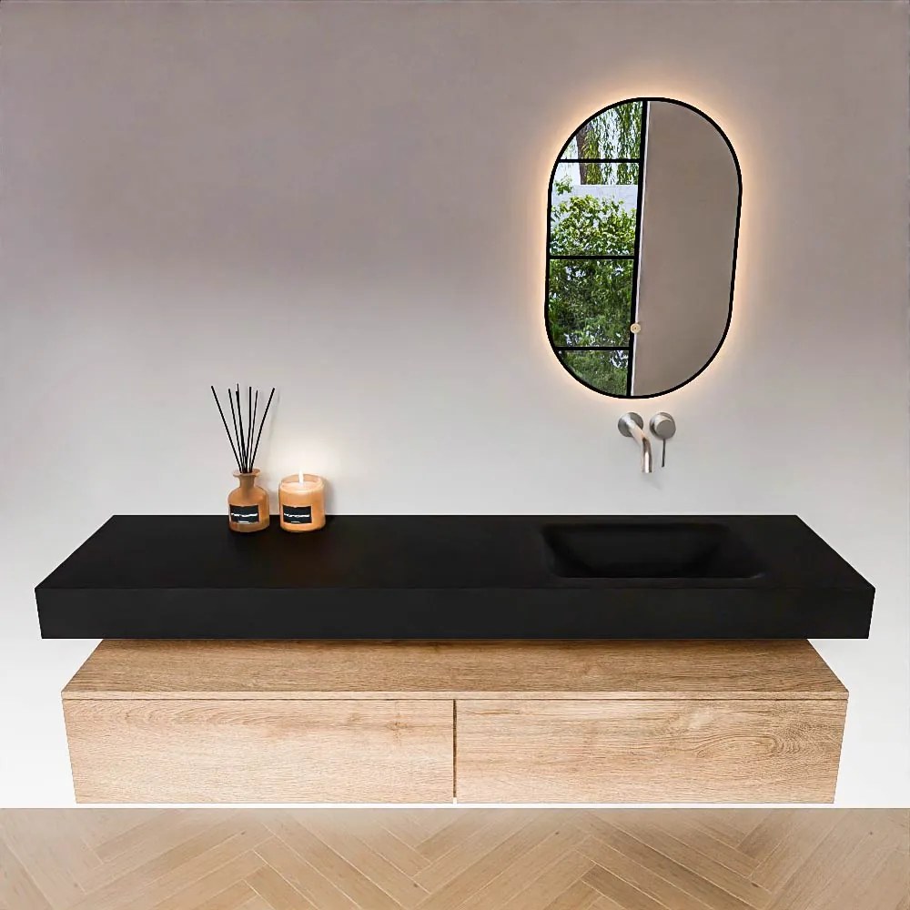 Zaro Alan badmeubel 180cm washed oak 2 lades met vrijhangende wastafel cloud rechts zonder kraangat urban
