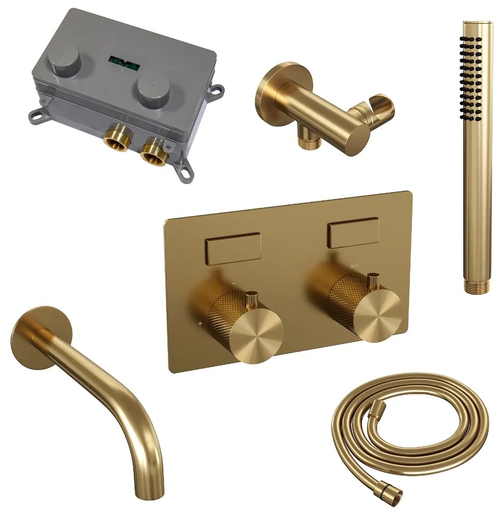 Brauer Gold Carving thermostatische inbouw badkraan met uitloop en staafhanddouche set 3 messing geborsteld PVD