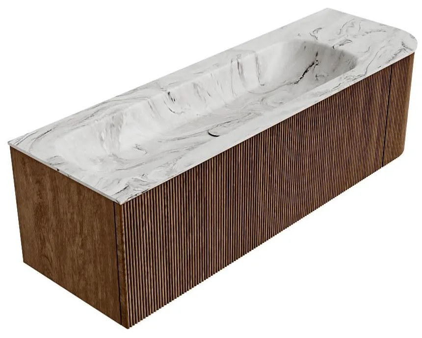 Mondiaz Kurve-dlux 145cm badmeubel ronding rechts walnut met 1 lade en deur en wastafel big large links zonder kraangat glace