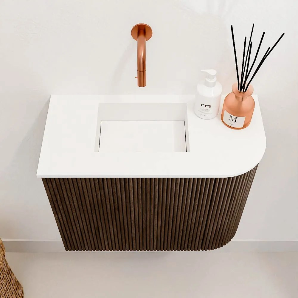 Mondiaz Joya 50cm toiletmeubel ronding rechts walnut met wastafel faye links zonder kraangat talc