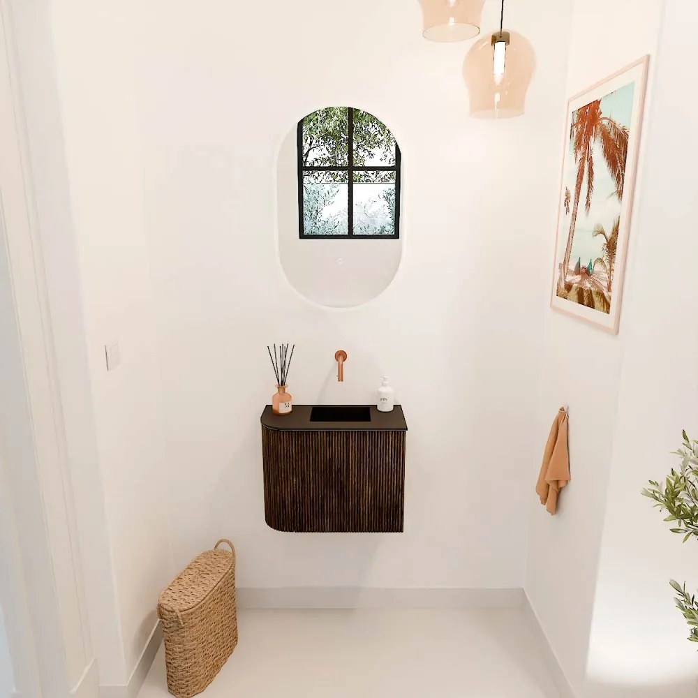 Mondiaz Joya 50cm toiletmeubel ronding links walnut met wastafel faye rechts zonder kraangat urban