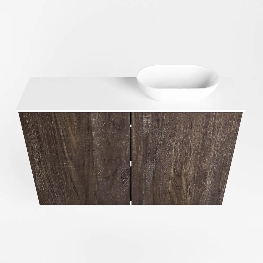 Mondiaz Fowy toiletmeubel 80cm dark brown met witte waskom rechts en kraangat