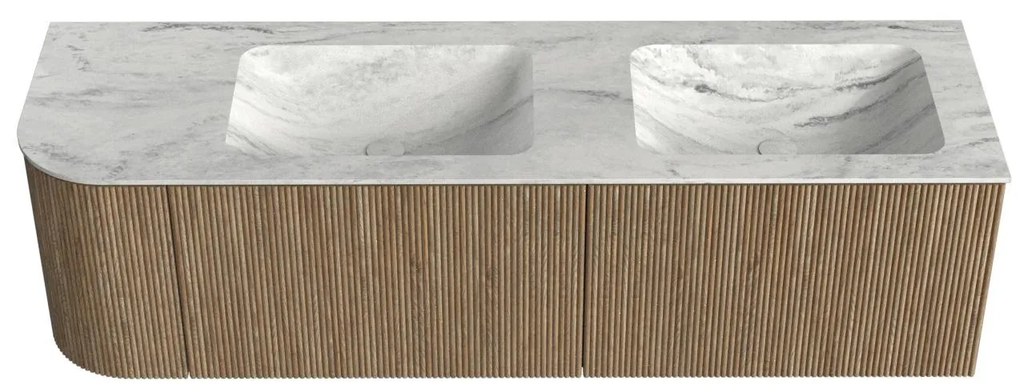 Mondiaz Kurve-dlux 155cm badmeubel ronding links dusk met 2 lades en 1 deur en wastafel leaf dubbel/rechts zonder kraangat opalo