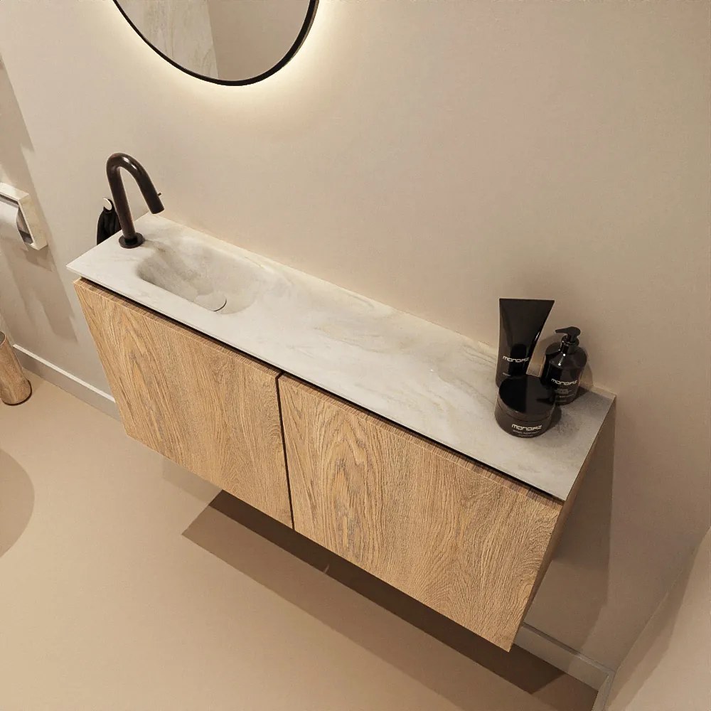 Mondiaz Ture DLux toiletmeubel 100cm washed oak met wastafel ostra links met kraangat