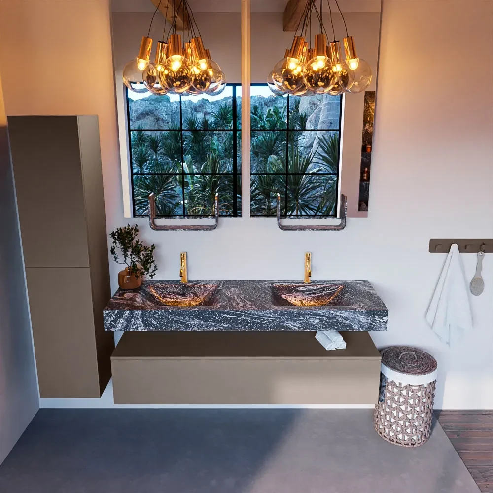 Mondiaz Alan DLux badmeubel 150cm smoke 1 lade met wastafel lava dubbel 2 kraangaten