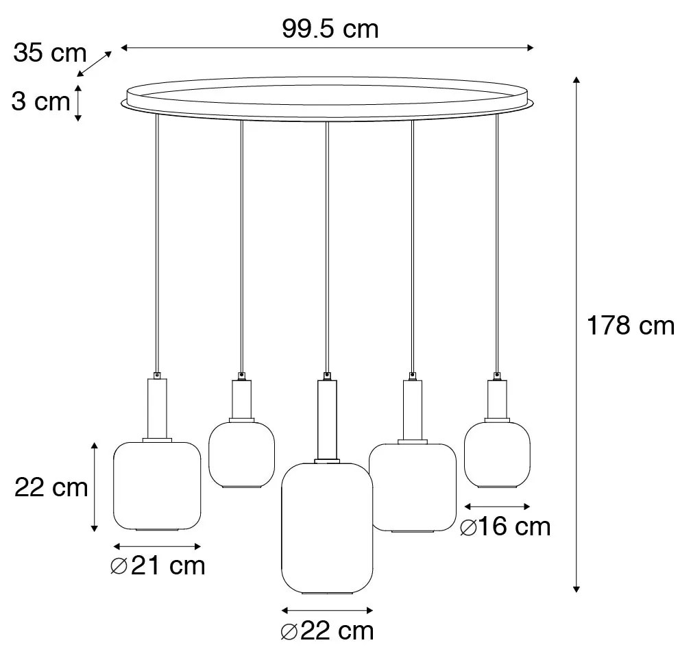 Eettafel / Eetkamer Smart hanglamp zwart met goud en smoke glas ovaal 5-lichts incl. 5 Wifi G95 - Zuzanna E27 bol / globe / rond Binnenverlichting Lamp