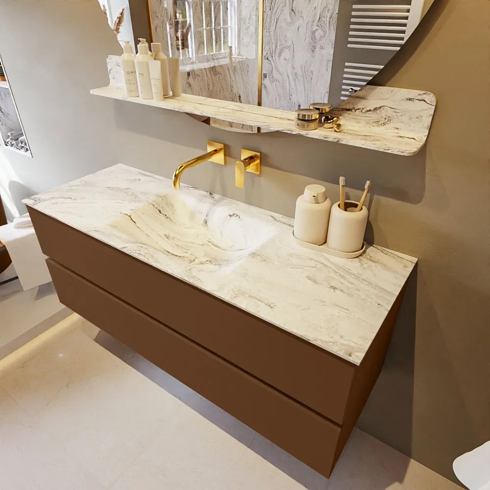 Mondiaz Vica DLux badmeubel 130cm rust 2 lades met wastafel glace midden zonder kraangat