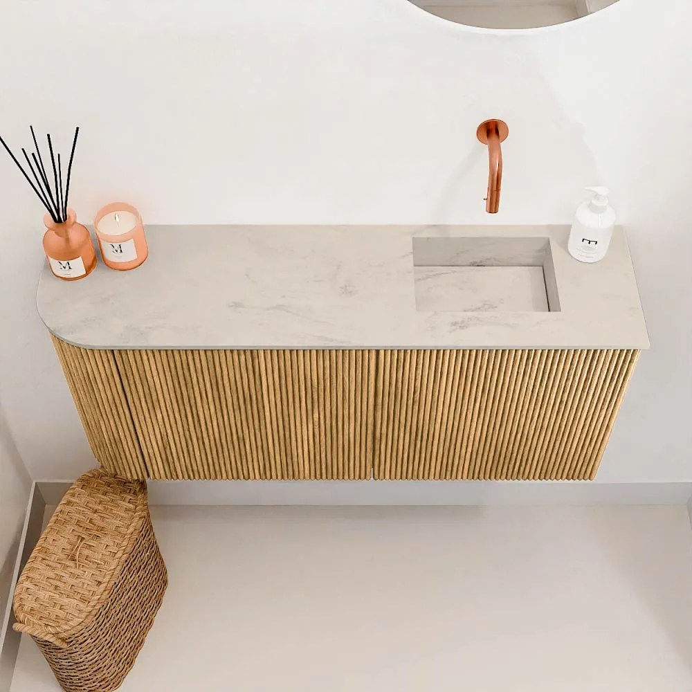 Mondiaz Joya DLux 90cm toiletmeubel ronding links oak met wastafel faye rechts zonder kraangat opalo