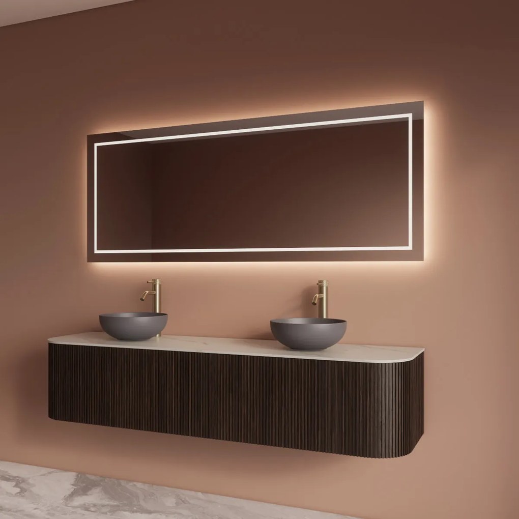 Gliss Design Alluro badmeubel ribbelfront met ronding links/rechts 180cm ebony en wit marmer toppaneel