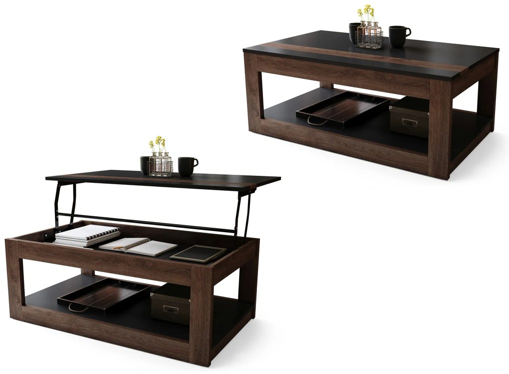 LUSSO Zwart mat/Bruine Eik - MODERNE SALONTAFEL MET VERHOOGD BLAD + OPBERGRUIMTE + SCHAP (OP WIELEN!)