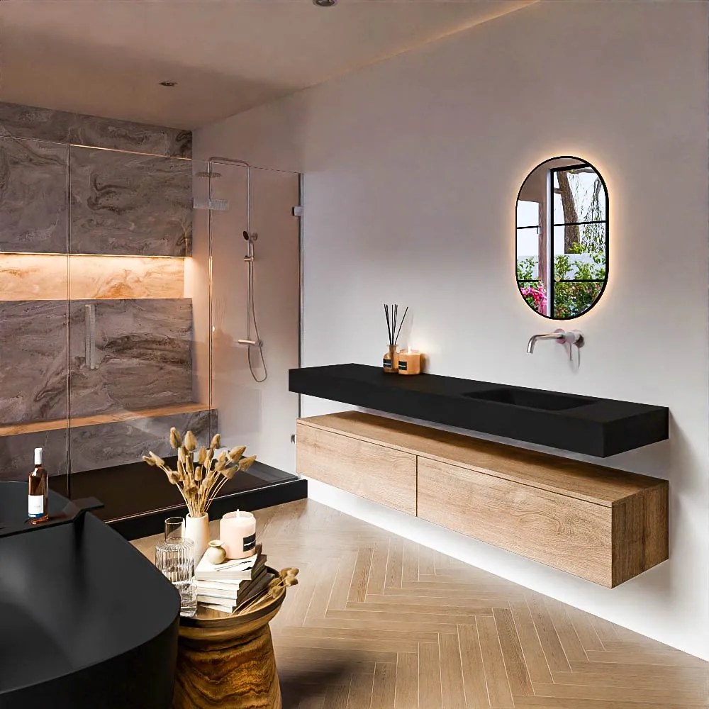 Zaro Alan badmeubel 190cm washed oak 2 lades met vrijhangende wastafel cloud rechts zonder kraangat urban