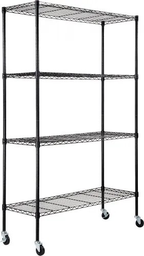 VEVOR opbergrek met wielen, 4-laags verstelbaar, draagvermogen 700 lbs, robuuste garageplank, metalen organizer, draadplank, zwart, 120 x 45 x 188 cm voor keuken, voorraadkast, kelder, badkamer