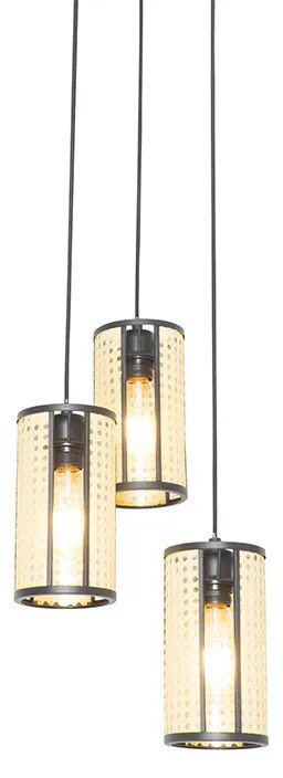 Oosterse hanglamp zwart met rotan 3-lichts rond - Akira Retro E27 Binnenverlichting Lamp