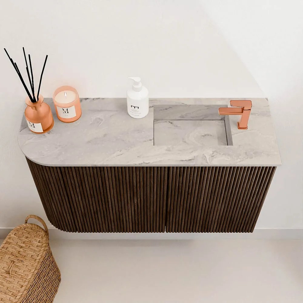 Mondiaz Joya DLux 70cm toiletmeubel ronding links walnut met wastafel faye rechts 1 kraangat glace