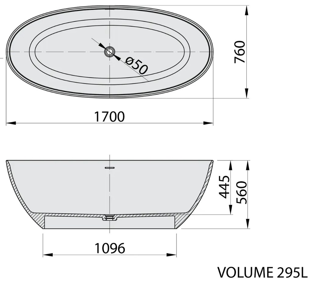 Polysan Noya vrijstaand bad solid surface wit mat 170x76cm