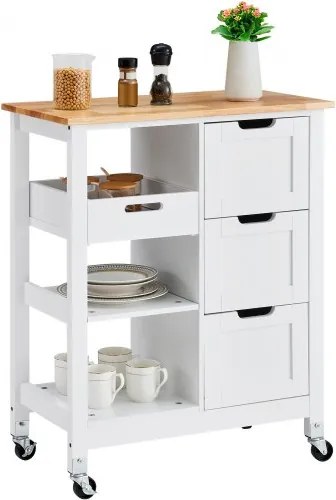 VEVOR Keukeneilandwagen, 26 inch mobiele ontbijtbar met houten blad, verrijdbare keukentafel met 3 lades en planken, draagbare eilanden op wielen, voor eetkamer, keuken, woonkamer, boerderij,