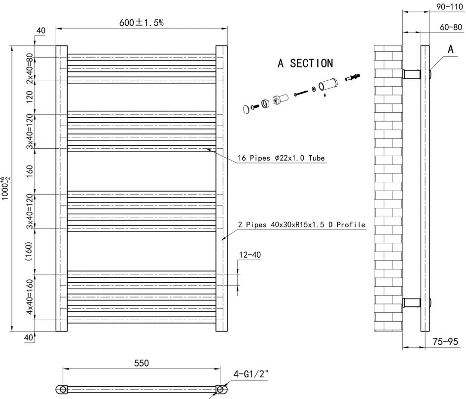 Eastbrook Wendover handdoekradiator 60x100cm 535W antraciet mat