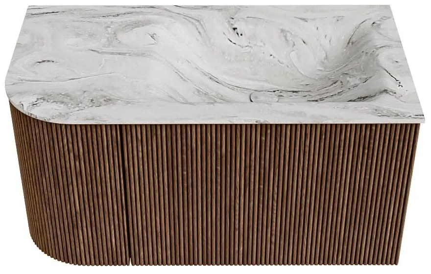 Mondiaz Kurve-dlux 85cm badmeubel ronding links walnut met 1 lade en deur en wastafel cloud rechts zonder kraangat glace