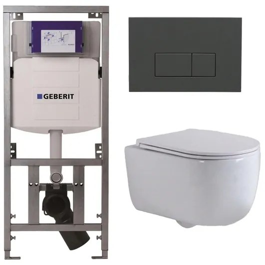 QeramiQ Dely Swirl Toiletset - 36.3x51.7cm - Geberit UP320 inbouwreservoir - met Burda frame - slimzitting - bedieningsplaat antraciet mat - rechthoekige knoppen - wit mat 0701131/SW1102377/SW1000766/SW1026257