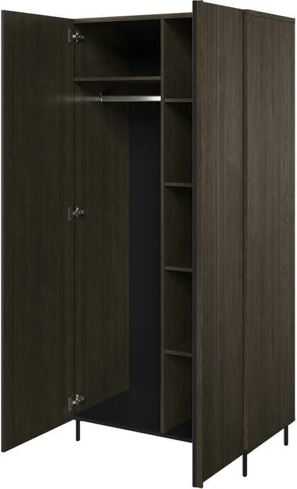 Kledingkast Catevari 100, Donkerbruin, Zwart, 196x92x54cm, 81.5 kg, Kledingkast deuren: Met scharnieren, Aantal planken: 5, Aantal planken: 5