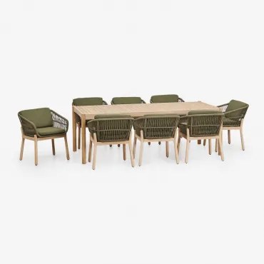 Rechthoekige Eettafelset 220x100 Cm Met 8 Eetkamerstoelen Van Acaciahout En Gevlochten Touw Karvia Lichte Acaciekleur & Bouclé Groen – Salie - Sklum