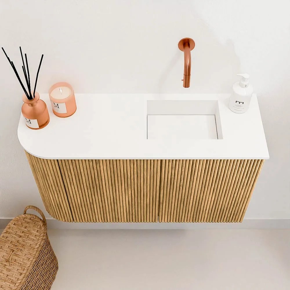 Mondiaz Joya 70cm toiletmeubel ronding links oak met wastafel faye rechts zonder kraangat talc