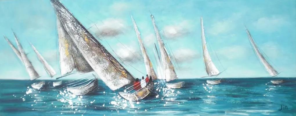 Schilderij - Handgeschilderd - Zeilboten race op zee 150x60cm