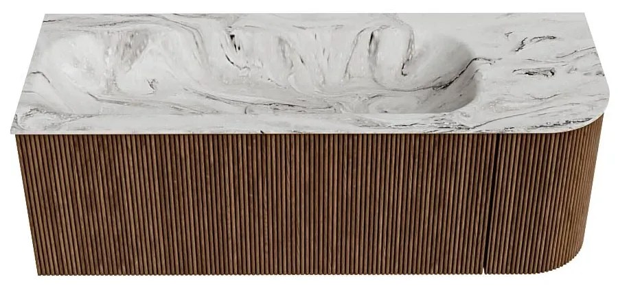 Mondiaz Kurve-dlux 125cm badmeubel ronding rechts walnut met 1 lade en deur en wastafel big medium links zonder kraangat glace