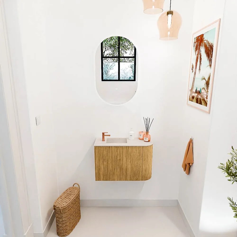Mondiaz Joya DLux 60cm toiletmeubel ronding rechts oak met wastafel faye links 1 kraangat meli