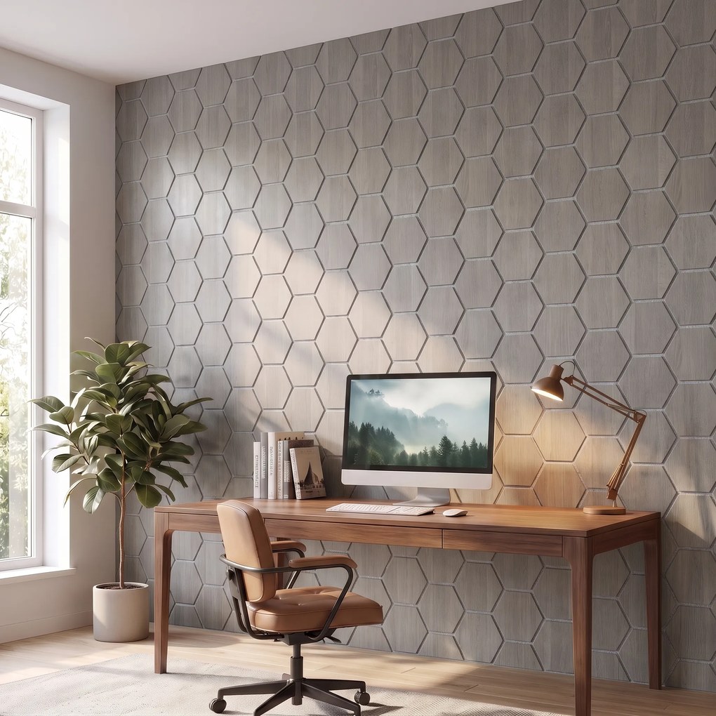 Hexagon Panel Grijs Walnoot met Grijs Vilt 81CM | Akoestisch | Wanddecor | Zeshoekig- Grijs vilt