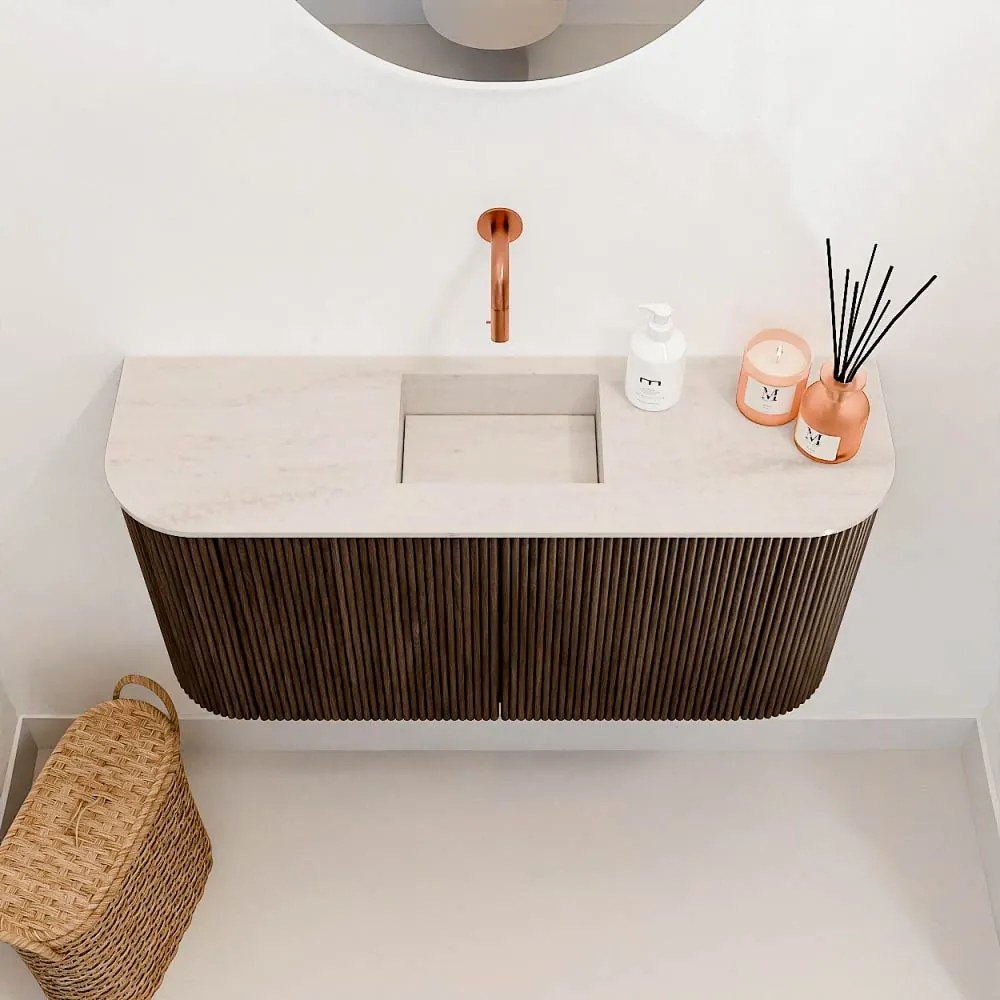 Mondiaz Joya DLux 85cm toiletmeubel ronding links/rechts walnut met wastafel faye midden zonder kraangat meli