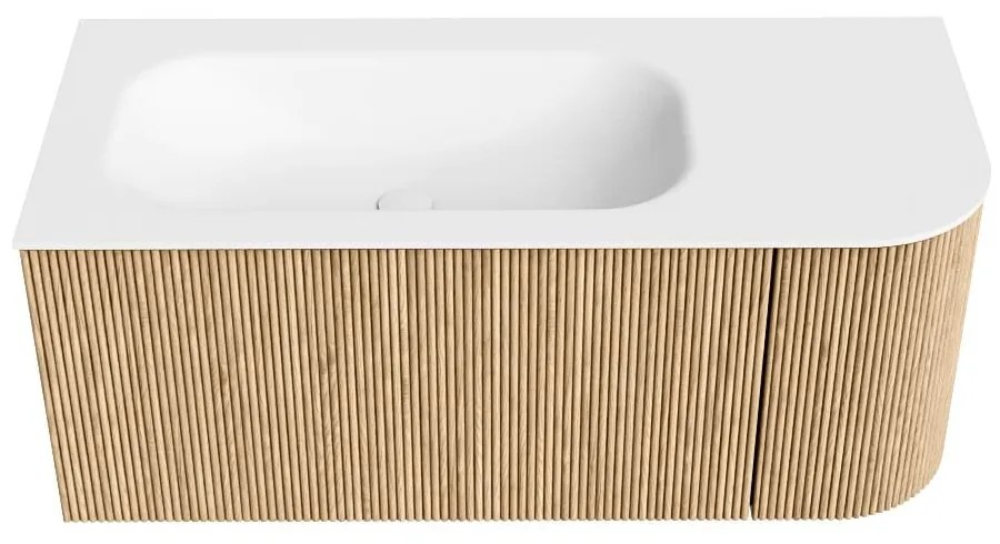 Mondiaz Kurve 105cm badmeubel ronding rechts oak met 1 lade en deur en wastafel big small links zonder kraangat