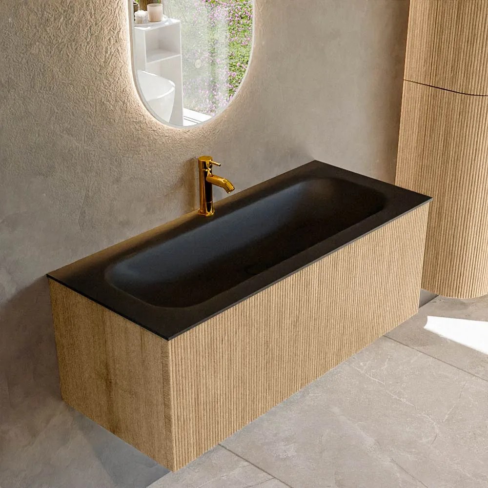 Mondiaz Kurve 110cm badmeubel oak met 1 lade en wastafel big medium midden 1 kraangat urban