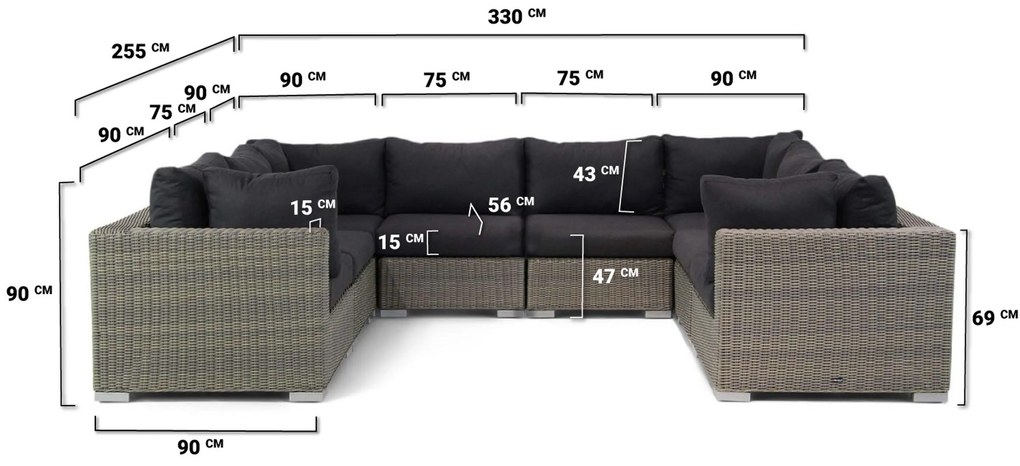 U-Vorm Loungeset 8 personen Wicker Taupe Garden Collections Toronto