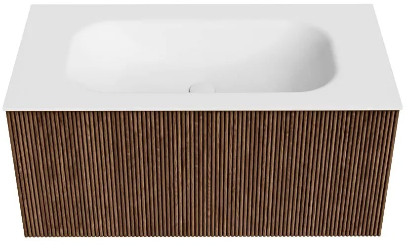 Mondiaz Kurve 90cm badmeubel walnut met 1 lade en wastafel big small midden zonder kraangat