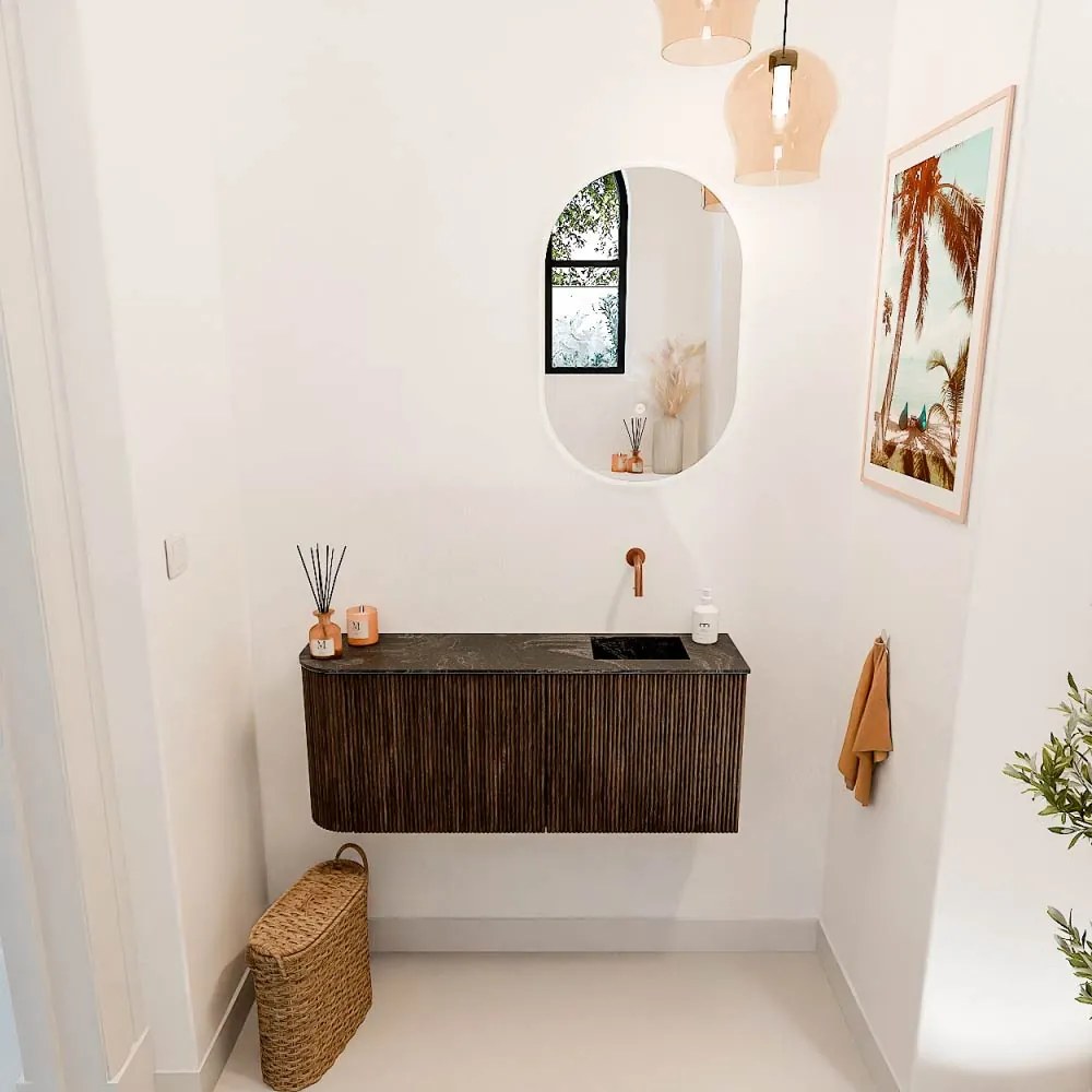 Mondiaz Joya DLux 100cm toiletmeubel ronding links walnut met wastafel faye rechts zonder kraangat lava